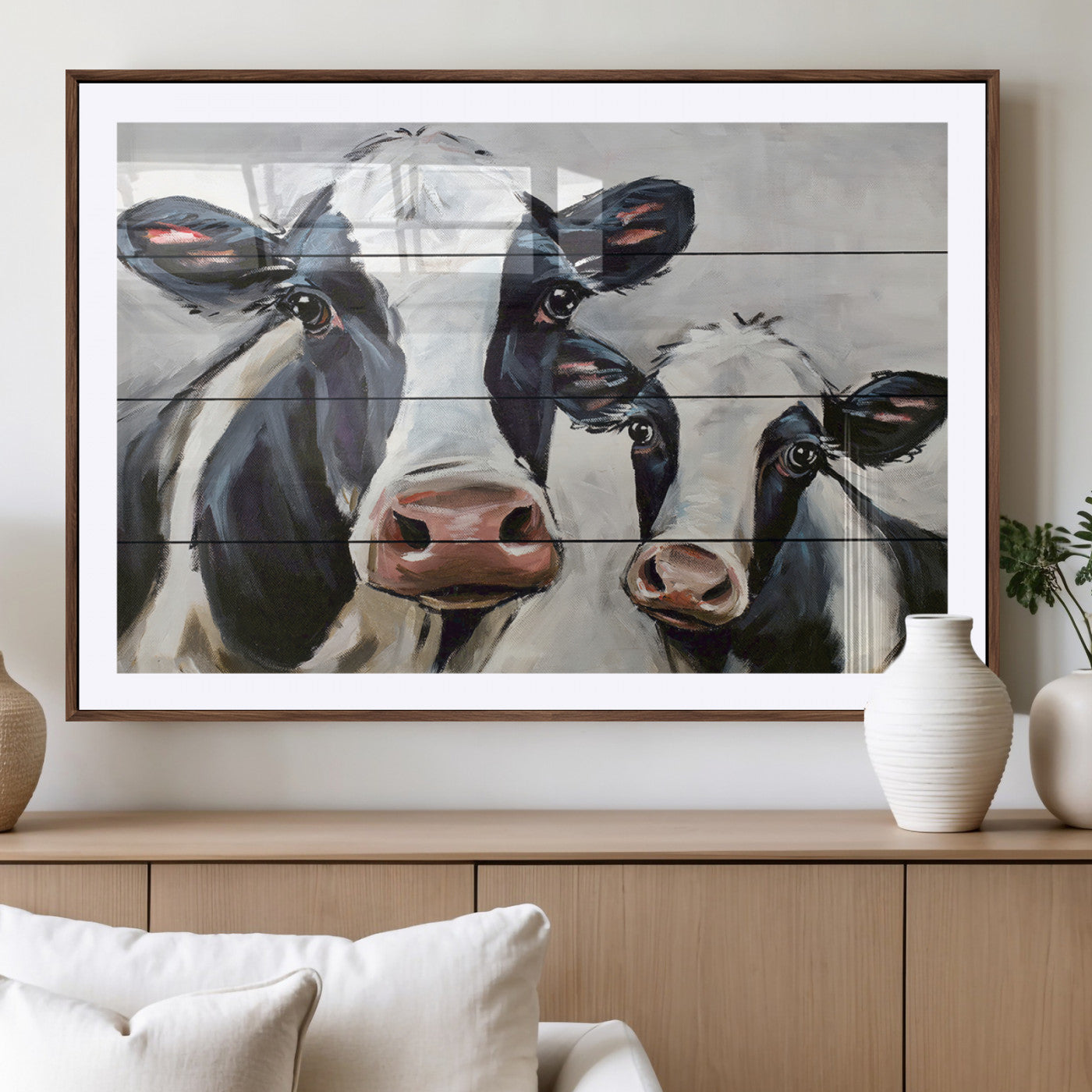 -Vintage Baby and Mom Cattle Wall Art Canvas Print