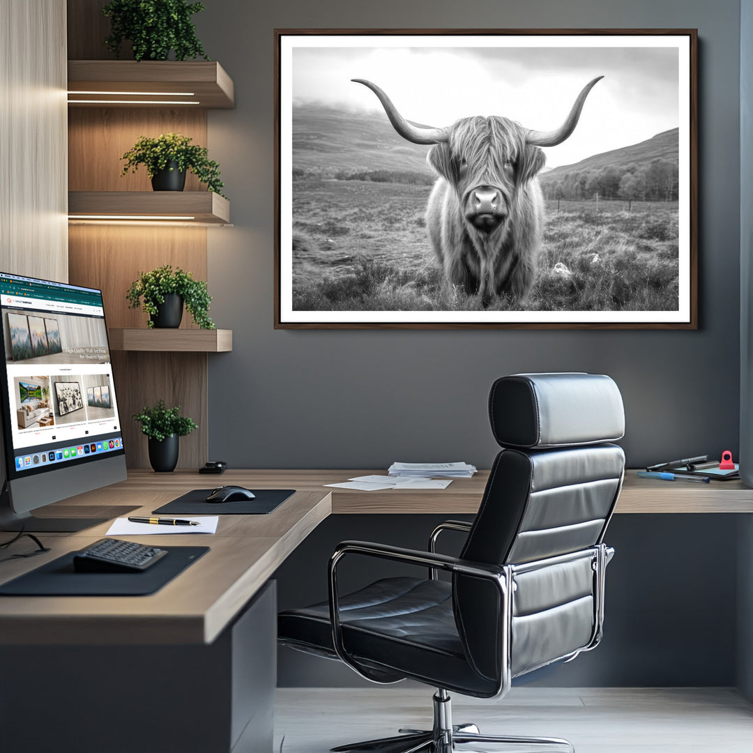 Black White Scottish Highland Cow Canvas Farm Wall Art Canvas Print