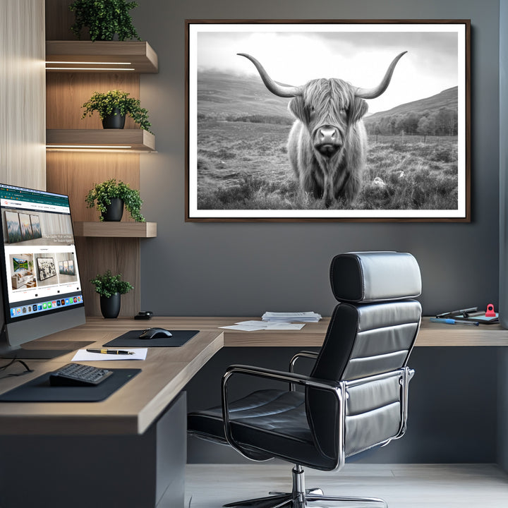 Black White Scottish Highland Cow Canvas Farm Wall Art Canvas Print