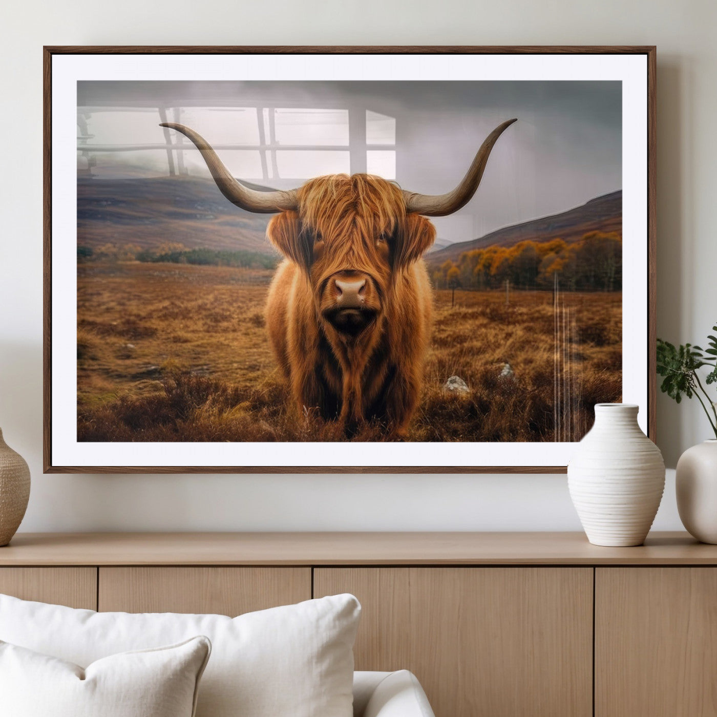 -Highland Cow Longhorn Wall Art – Rustic Canvas Print, Framed and Ready to Hang for Farmhouse Décor