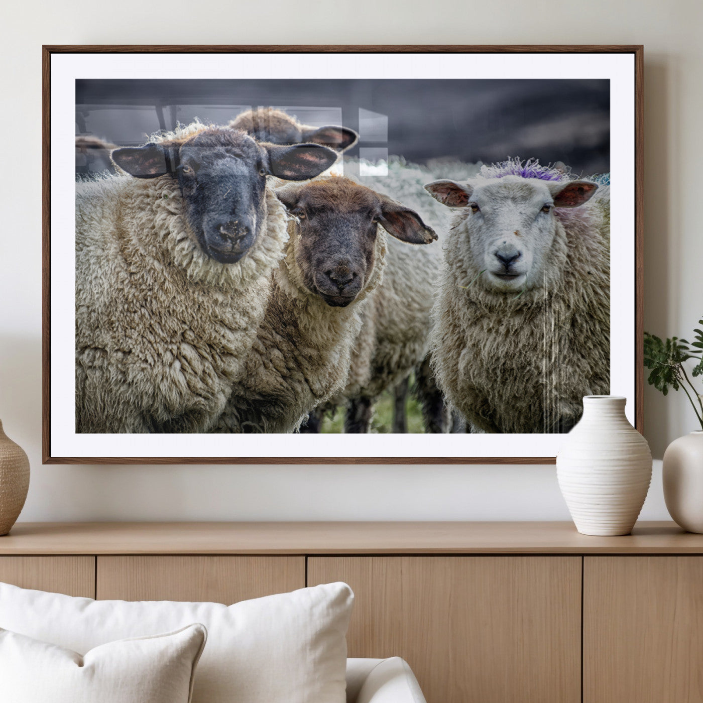 -Charming Sheep Portrait Wall Art – Trio of Woolly Companions Canvas Print, Framed, Ready to Hang