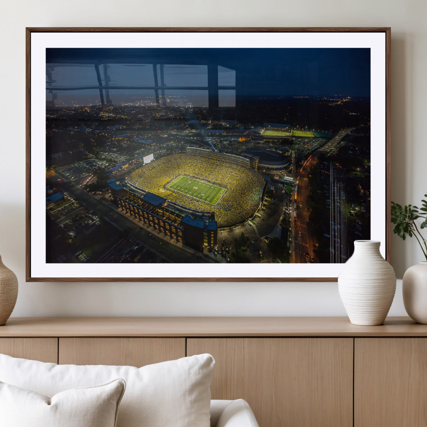 -Michigan Stadium Night Game Wall Art – Sports Arena Aerial View Canvas Print, Framed, Ready to Hang