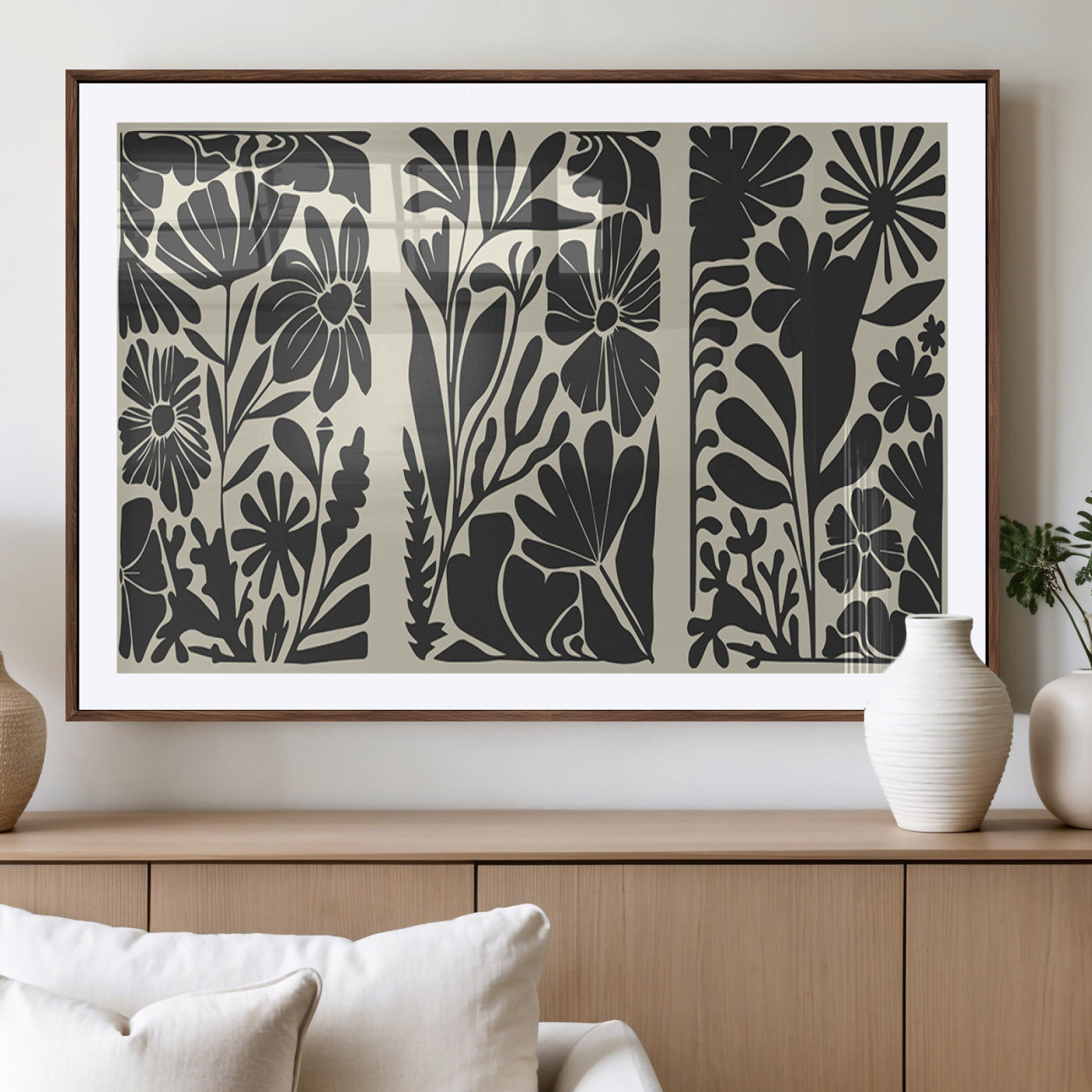 MGC-FP-36x24 - Modern Botanical Wall Art - Floral Black and White Canvas Print, Framed, Ready to Hang