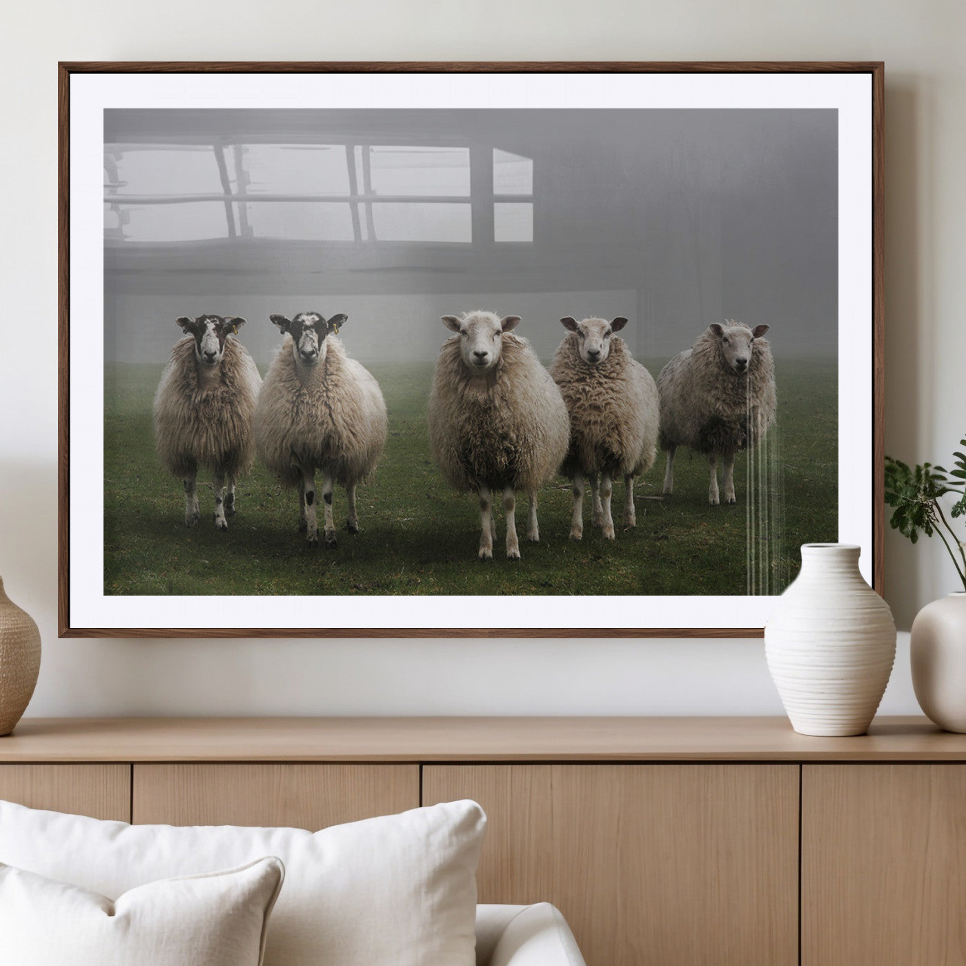 -Flock of Sheep in a Mystical Fog – Pastoral Wall Art Canvas Print, Framed, Ready to Hang