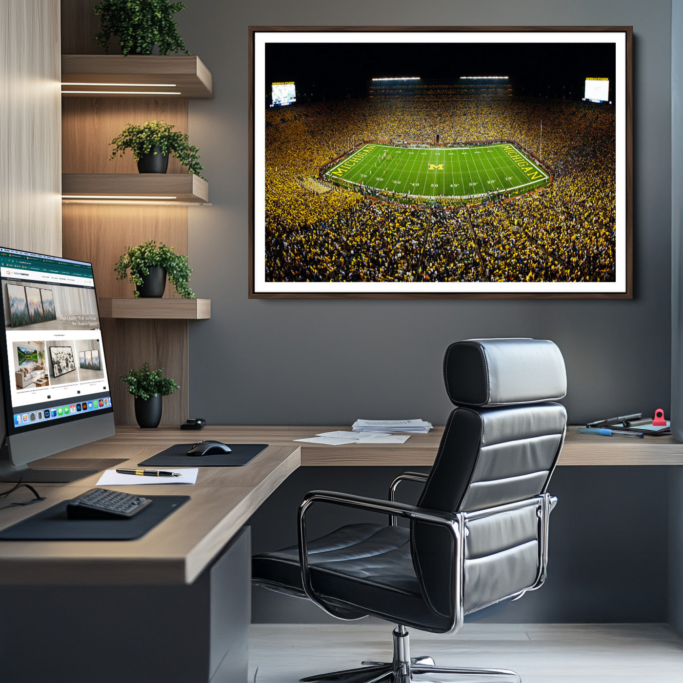 26166-MGV-CV-36X24-Stadium in Michigan Wall Art Canvas Print, Framed American Football Stadium Art Picture Print, Football Stadium Field Perfect Sports Room Decor Artwork