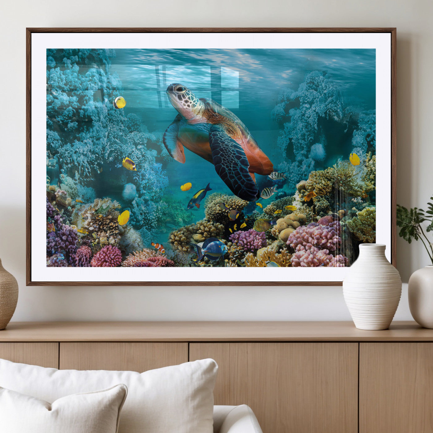 MGC-FP-36x24 - Sea Turtle and Coral Reef Triptych Wall Art – Vibrant Underwater Scene Canvas Set for Ocean Lovers