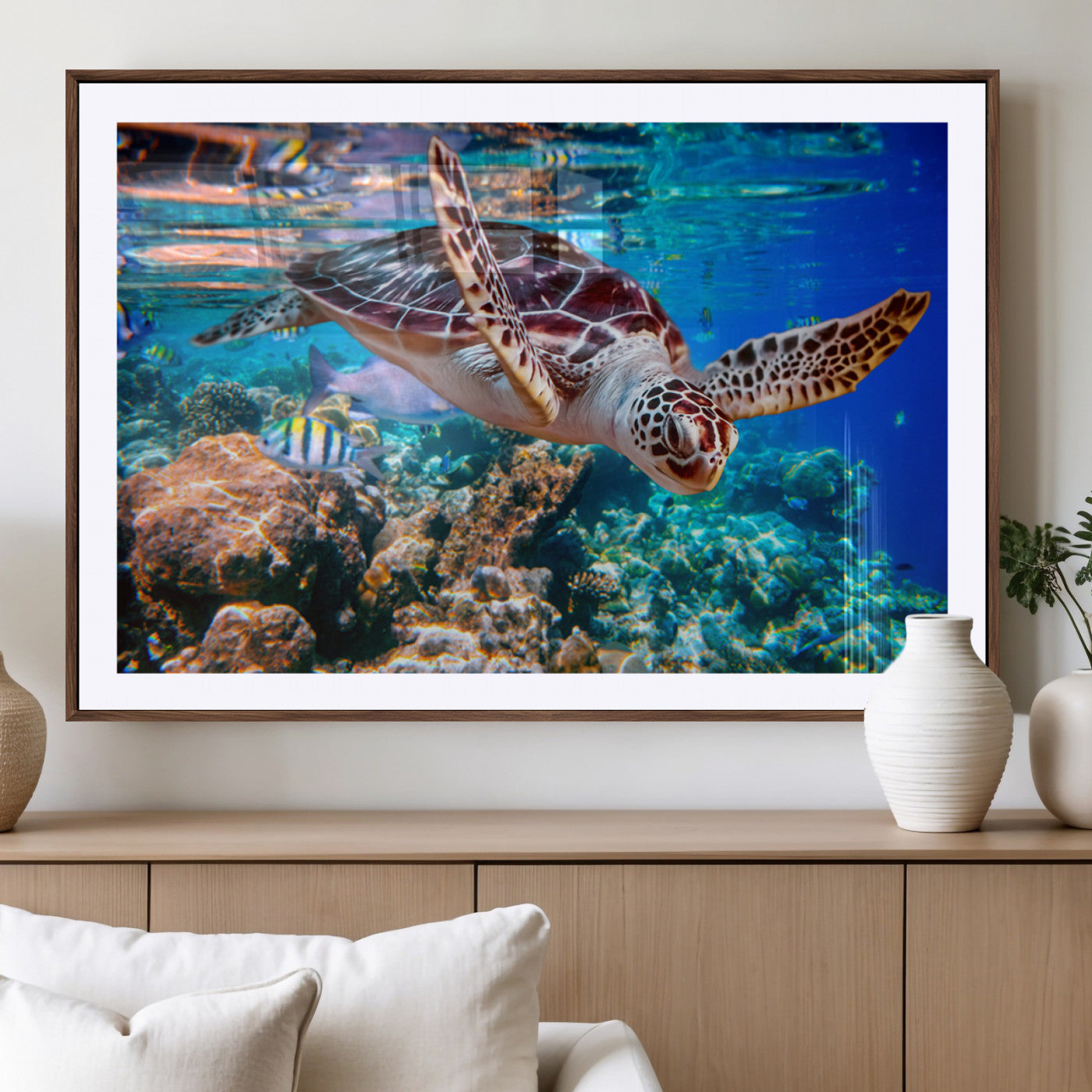 MGC-FP-36x24 - Underwater Coral Reef Sea Turtle Wall Art Canvas Print, Vibrant Marine Life | Colorful Ocean Scene