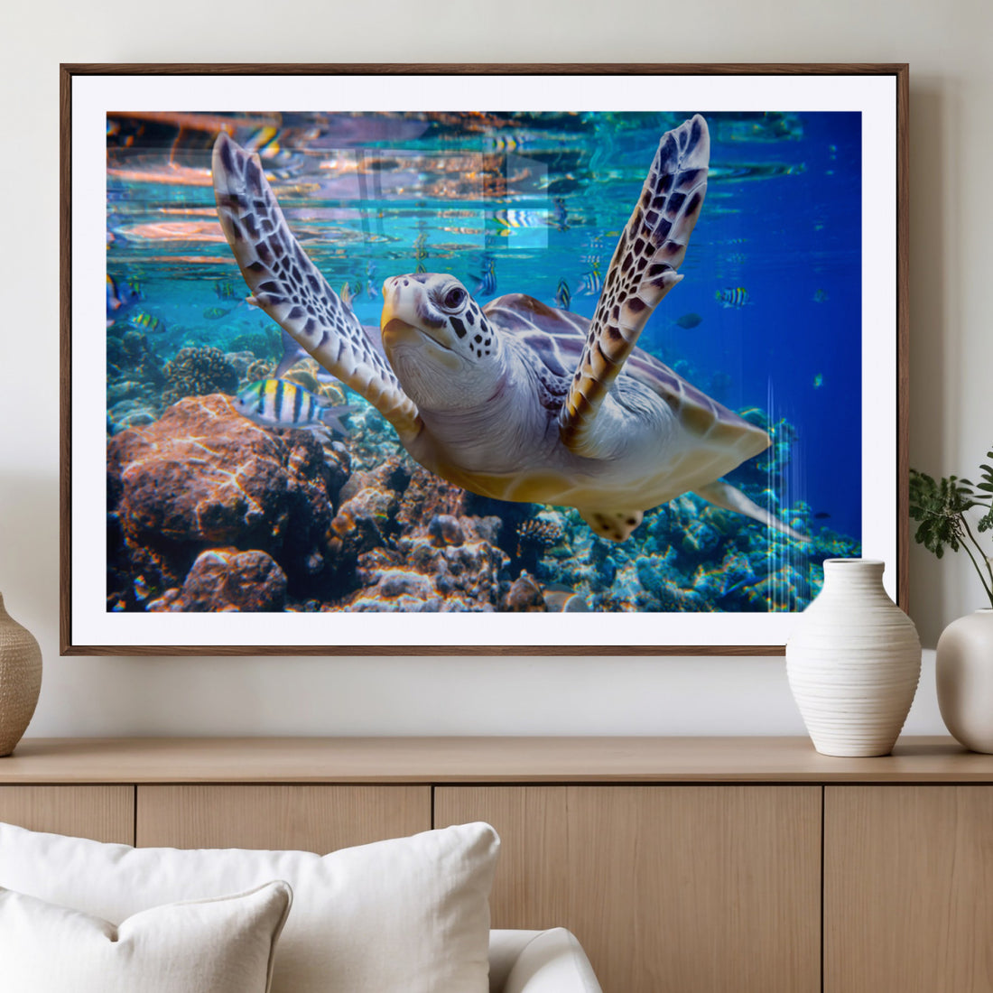 Underwater Sea Turtle Wall Art Canvas Print, Vibrant Ocean Coral Reef Decor