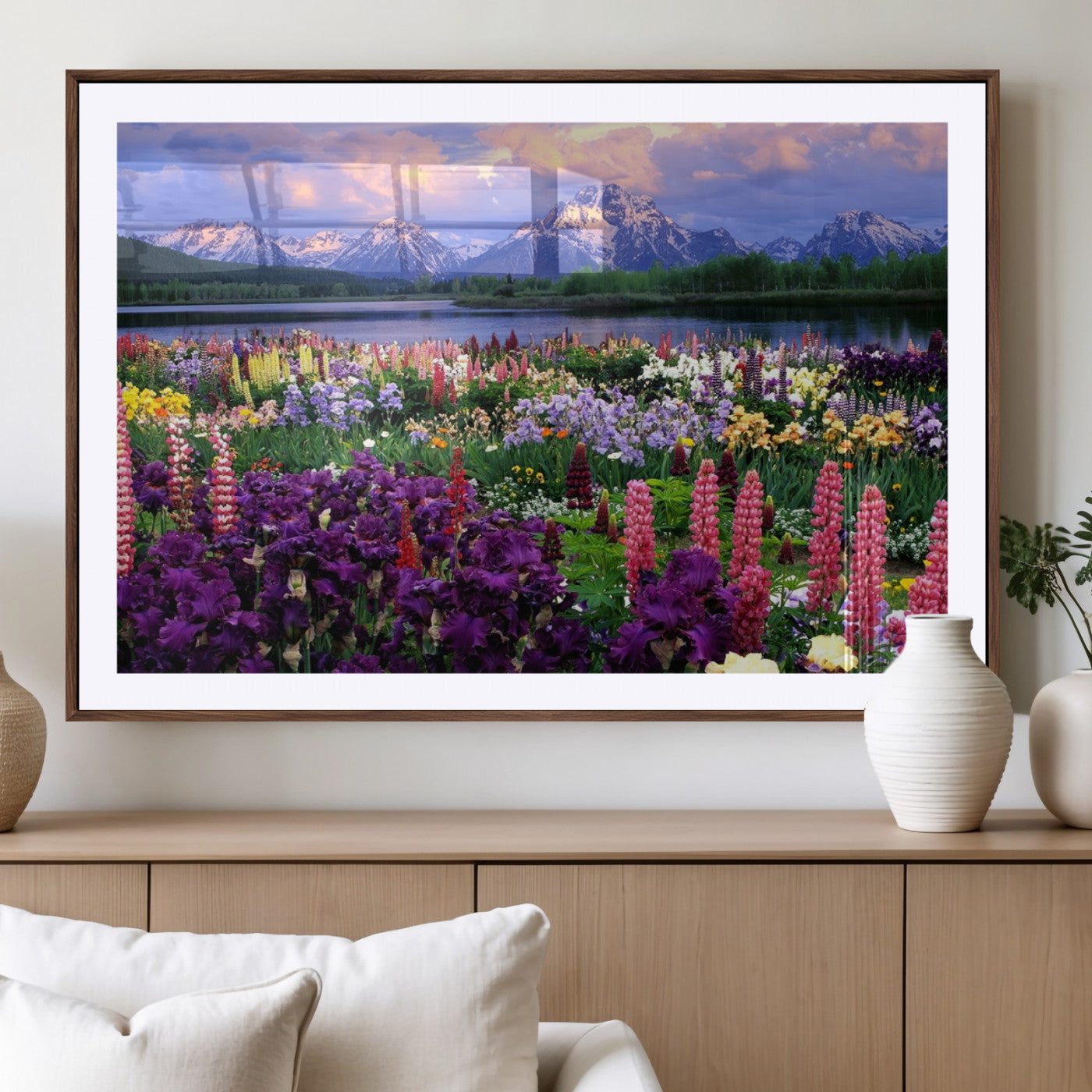 MGC-FP-36x24 - Vibrant Wildflower Garden and Mountain View Giclee Canvas Print | Floral Wall Art for Living Room