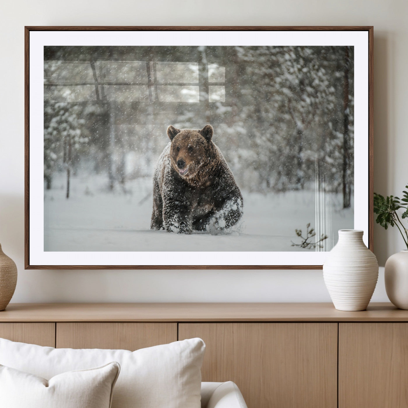 MGC-FP-36x24 - Wall Art Canvas Print – Grizzly Bear in Snowy Forest Powerful Presence Snowy Wilderness Wild Beauty