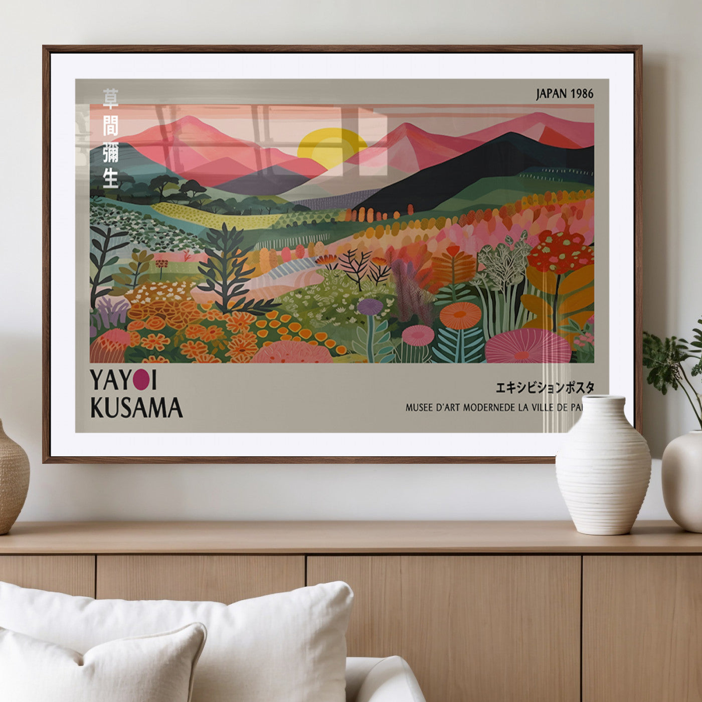 MGC-FP-36x24 - Yayoi Kusama Landscape Canvas Print, Vibrant Floral Mountain Art Print, Framed Botanical Wall Art -