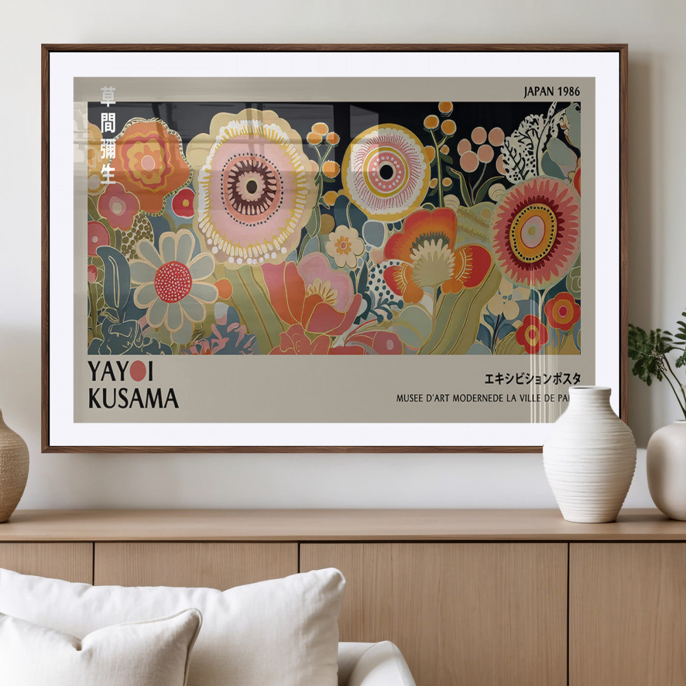 MGC-FP-36x24 - Yayoi Kusama Landscape Canvas Print, Vibrant Floral Mountain Art Print, Botanical Flower Nature Decor, Sunset Scenery Artwork