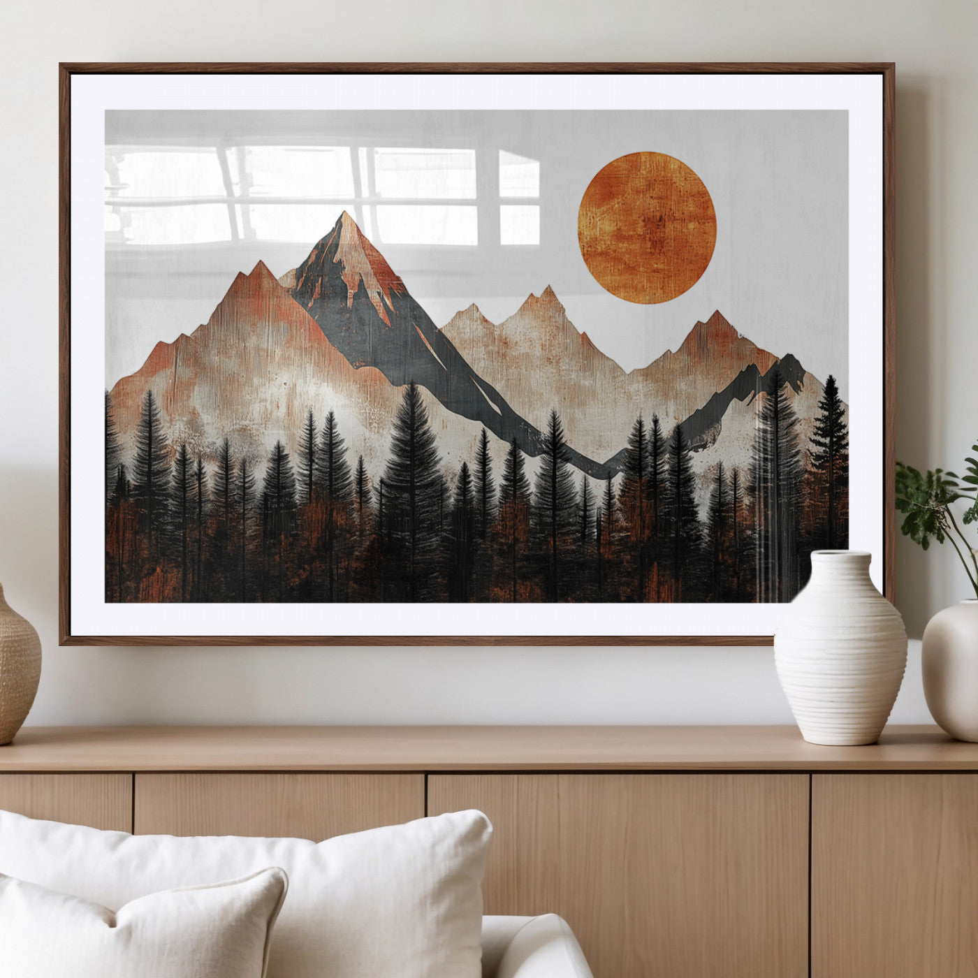 MGC-FP-36x24 - Modern Abstract Mountain Canvas Wall Art Print, Abstract Landscape Print, Rustic Sun and Mountains