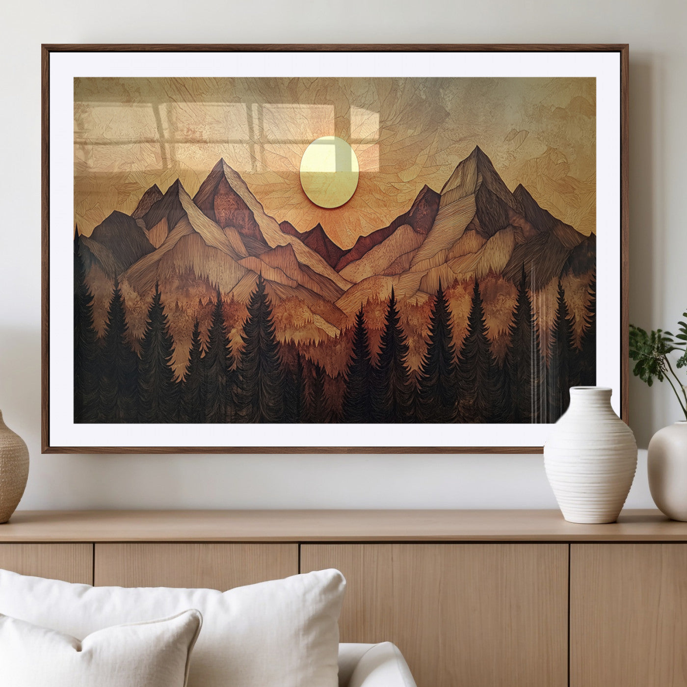 MGC-FP-36x24 - Wood Style Abstract Mountain Sunset Canvas Wall Art Print - Warm Earth Nature-Inspired Decor for