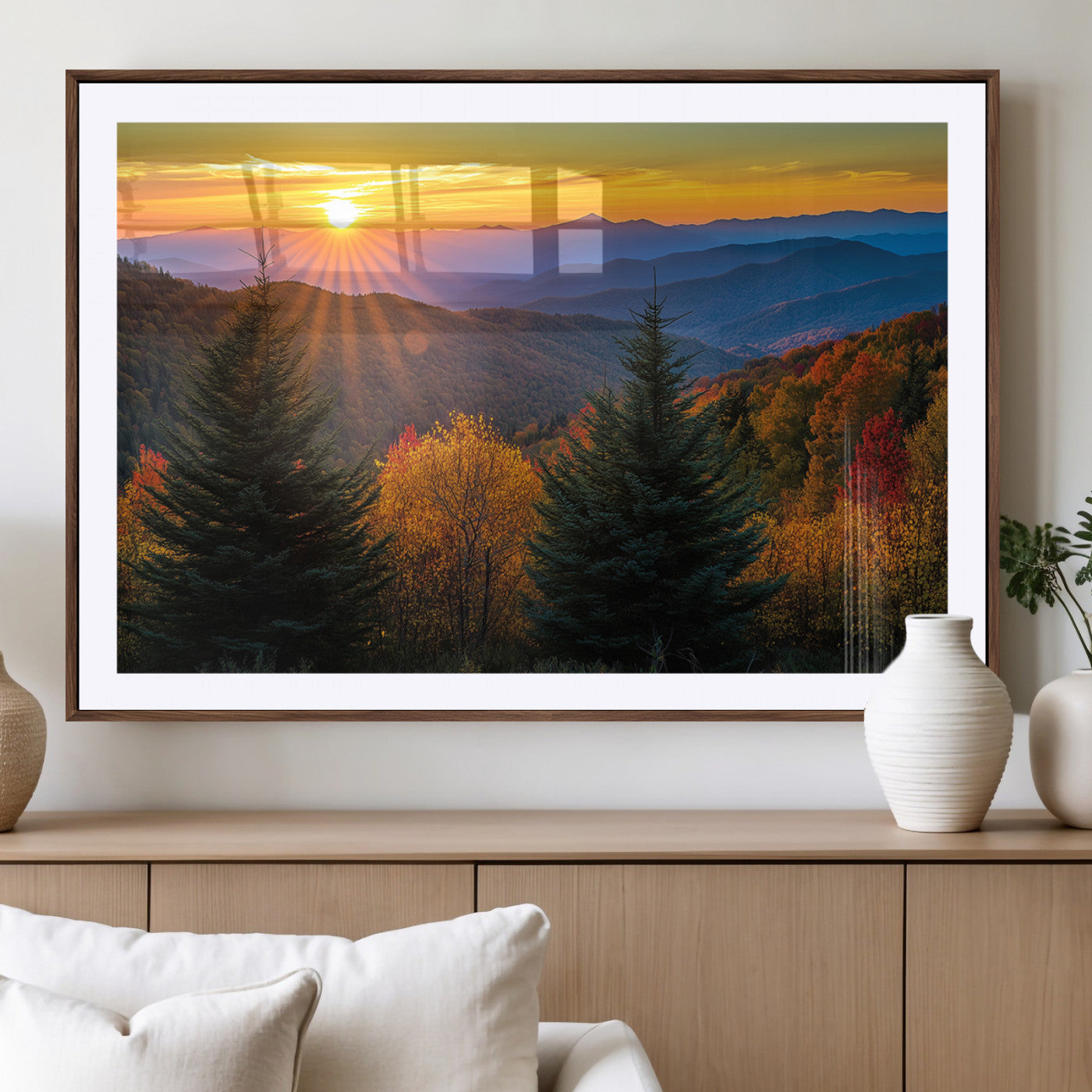 MGC-FP-36x24 - Golden Sunset Over Mountain Forest Canvas Wall Art Print - Warm Nature-Inspired Landscape for Living