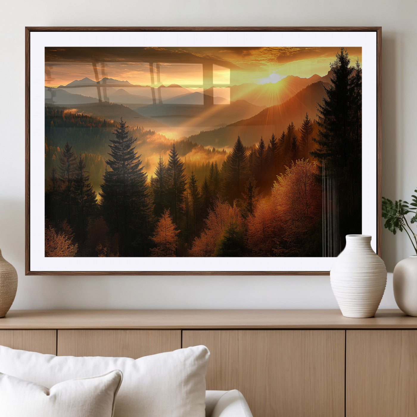 MGC-FP-36x24 - Golden Sunset Over Mountain Forest Canvas Wall Art Print - Warm Nature Landscape Print