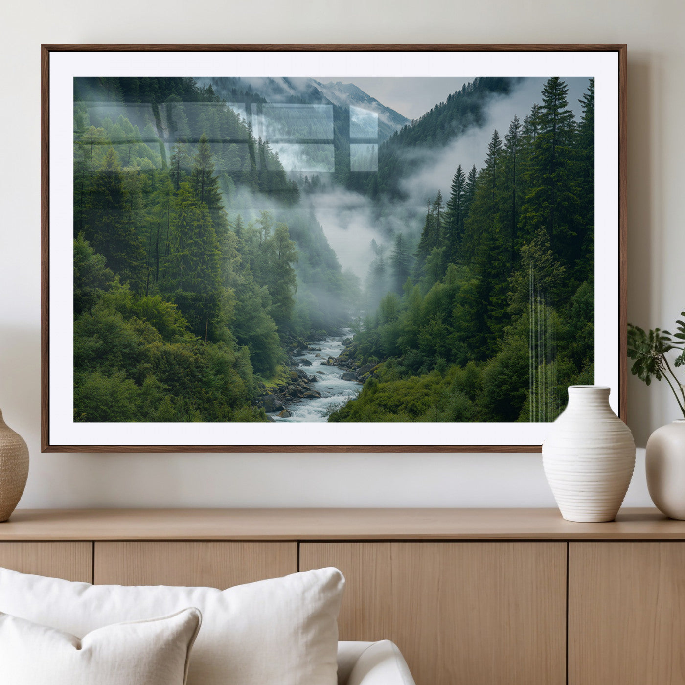 MGC-FP-36x24 - Mountain Forest River Canvas Wall Art Print - Serene Nature Landscape for Living Room, Office, or