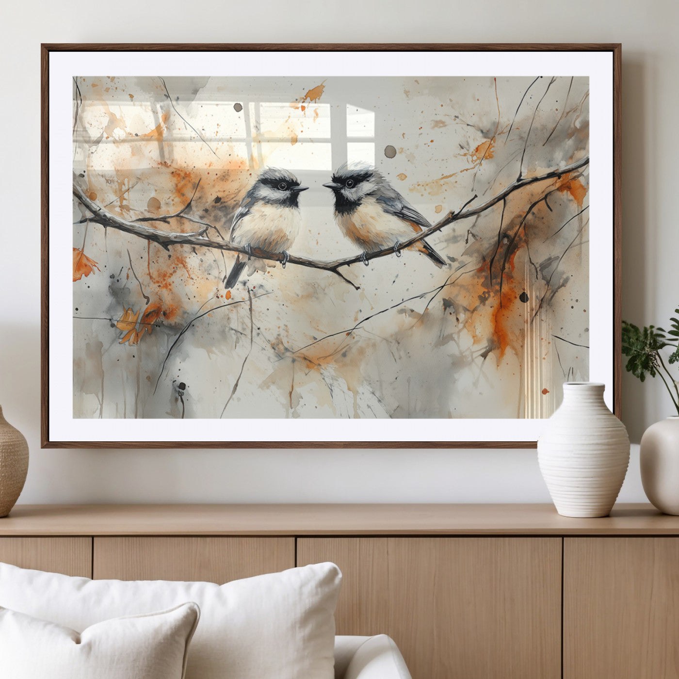 MGC-FP-36x24 - Abstract Watercolor Chickadee Bird Canvas Wall Art Print - Large Bird and Branch Wall Art, Modern