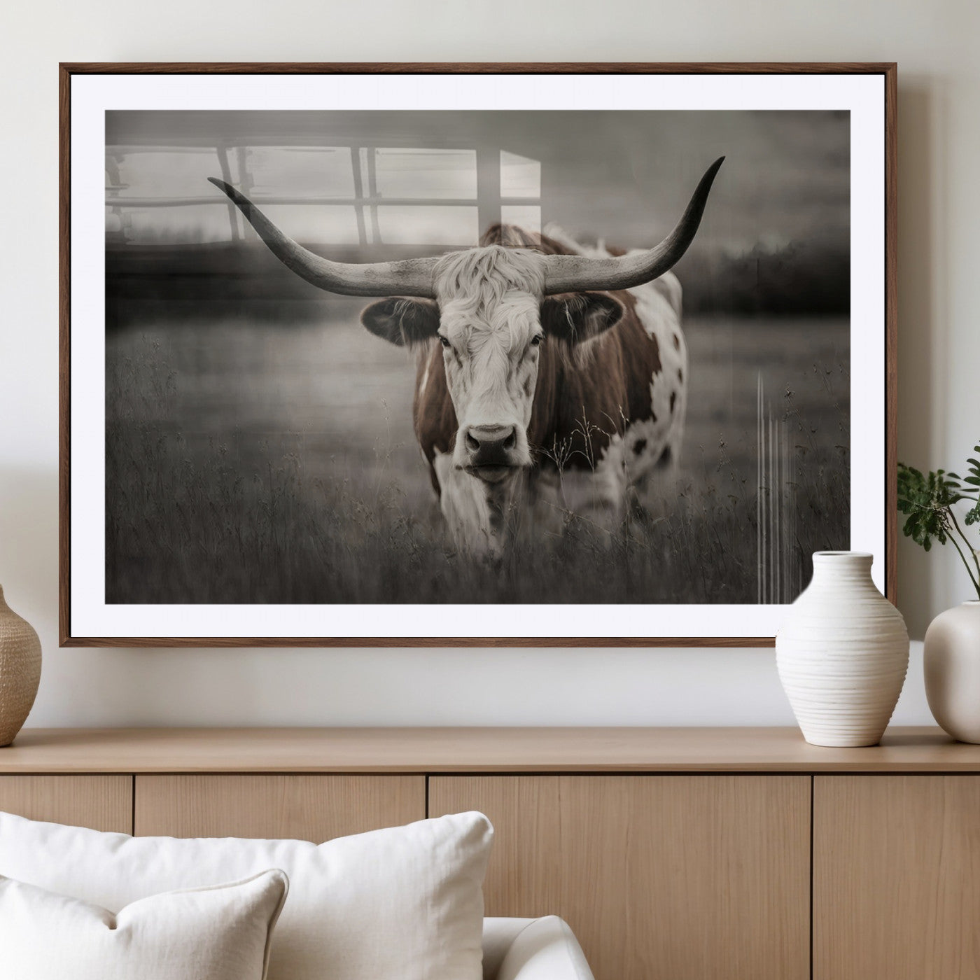 MGC-FP-36x24 - Texas Longhorn Cow Canvas Wall Art Print - Large Rustic Longhorn Art for Living Room, Western Wall