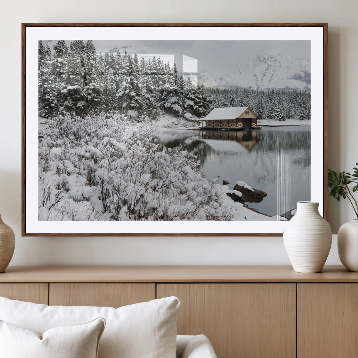 MGC-FP-36x24 - Winter Wall Art - Cabin by the Lake Canvas Wall Art - Serene Snowy Landscape with Mountain View,