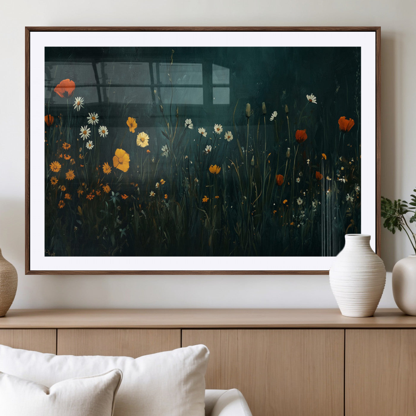 MGC-FP-36x24 - Framed Wildflower Field Wall Art, Framed Vintage Botanical Landscape Sign, Floral Decor, Modern