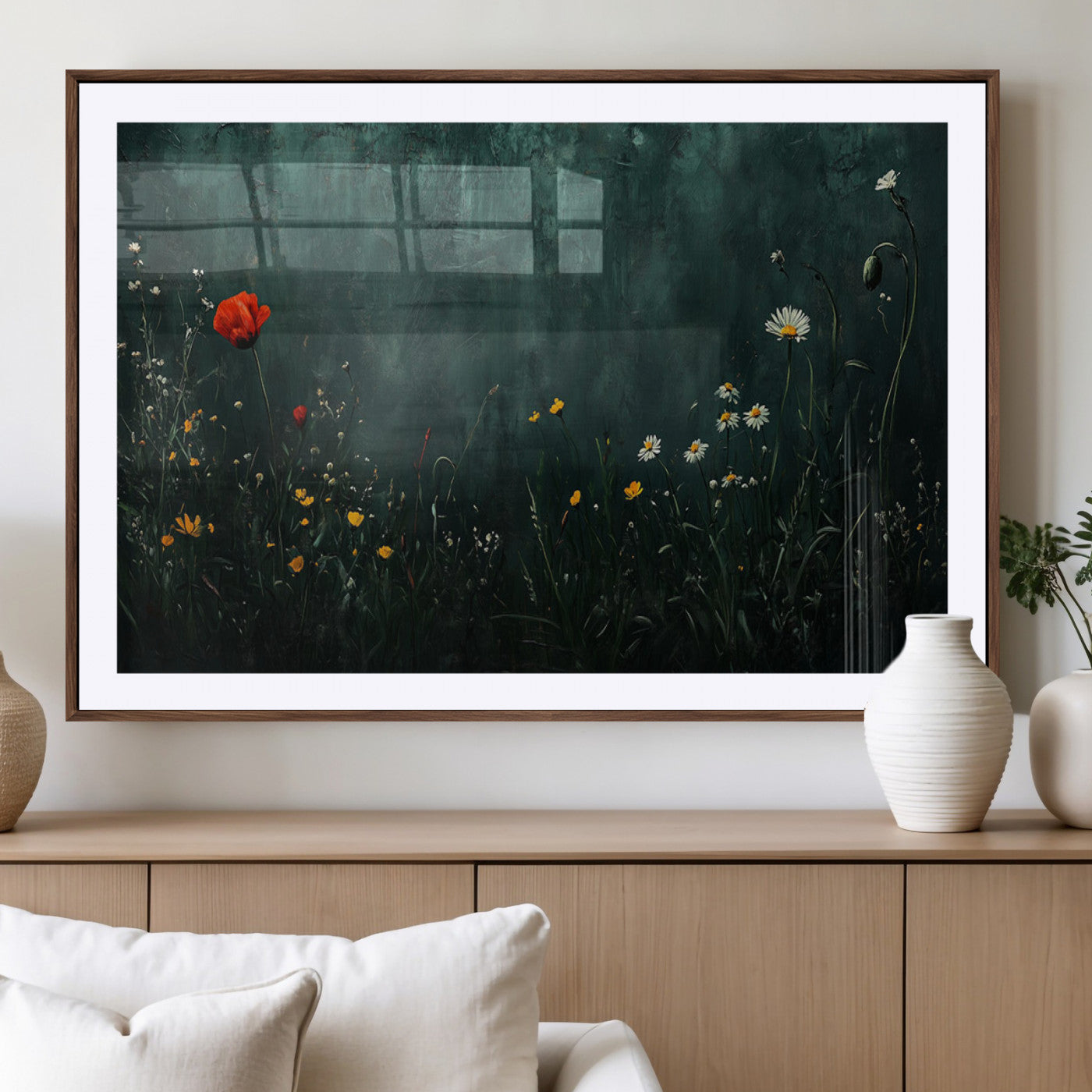 MGC-FP-36x24 - Wildflower Field Framed Wall Art, Vintage Botanical Landscape Sign, Botanical Wall Art, Modern