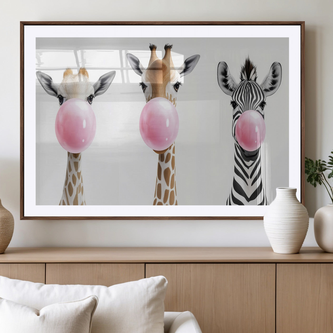 MGC-FP-36x24 - Bubblegum Animals Canvas Wall Art - Playful Giraffe and Zebra Trio, Fun Nursery Decor for Kids'