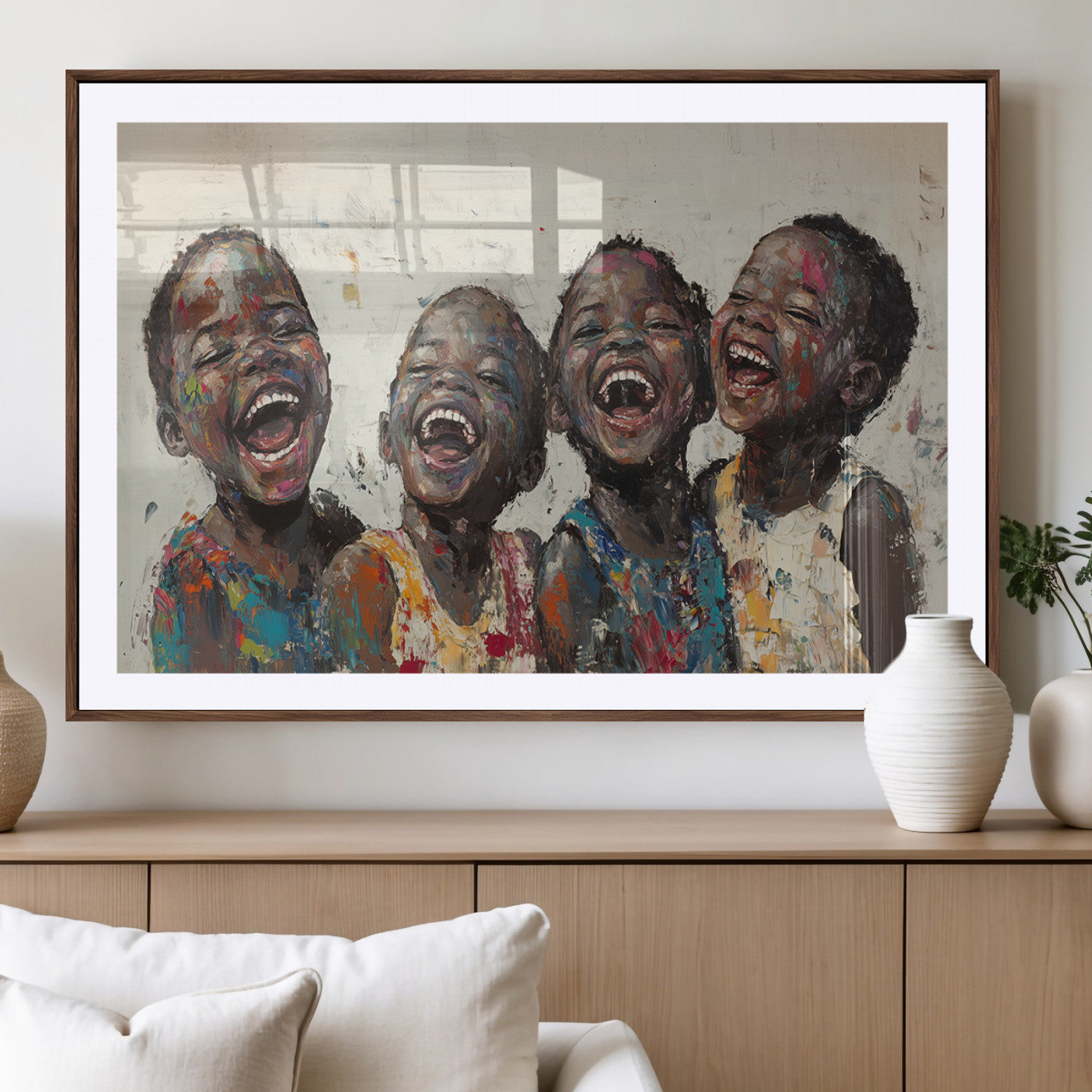 85256-MGV-CV-36X24-Shai Yossef Print - Joyful Childhood Canvas Wall Art - Expressive Impasto Painting of Laughing