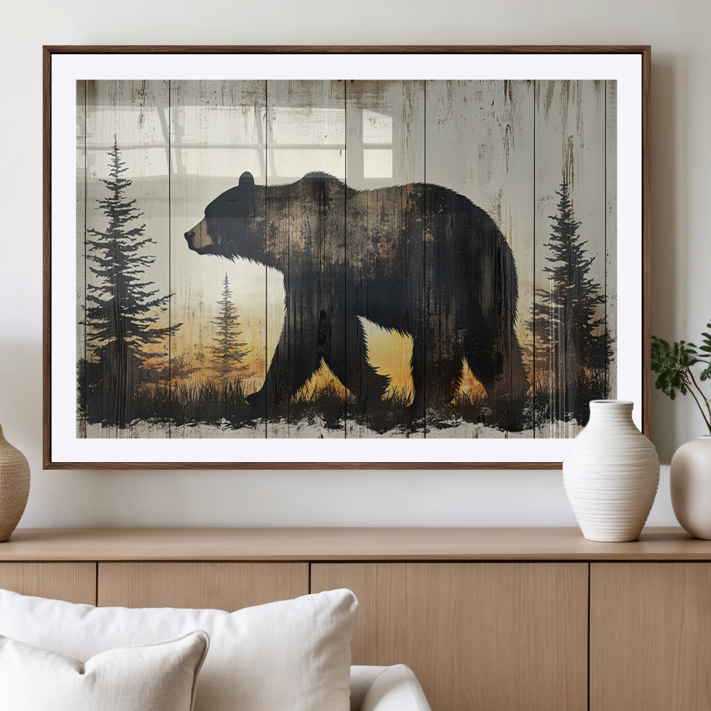83875-MGV-CV-36X24-Vintage Bear Wall Art Canvas Print for Farmhouse - Mountain Wood Canvas Wall Art - Forest Silhouette