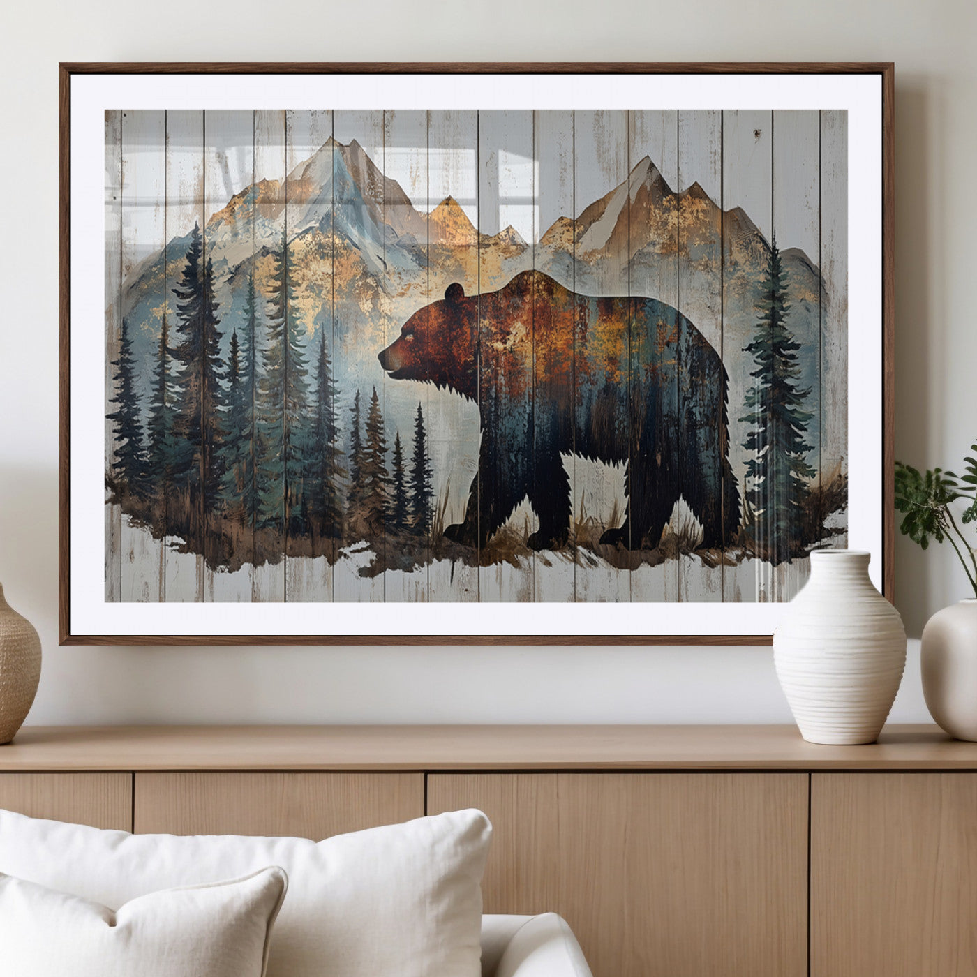 55777-MGV-CV-36X24-Rustic Grizzly 399 Bear and Mountain Wood Canvas Wall Art - Framed Nature Artwork with Forest