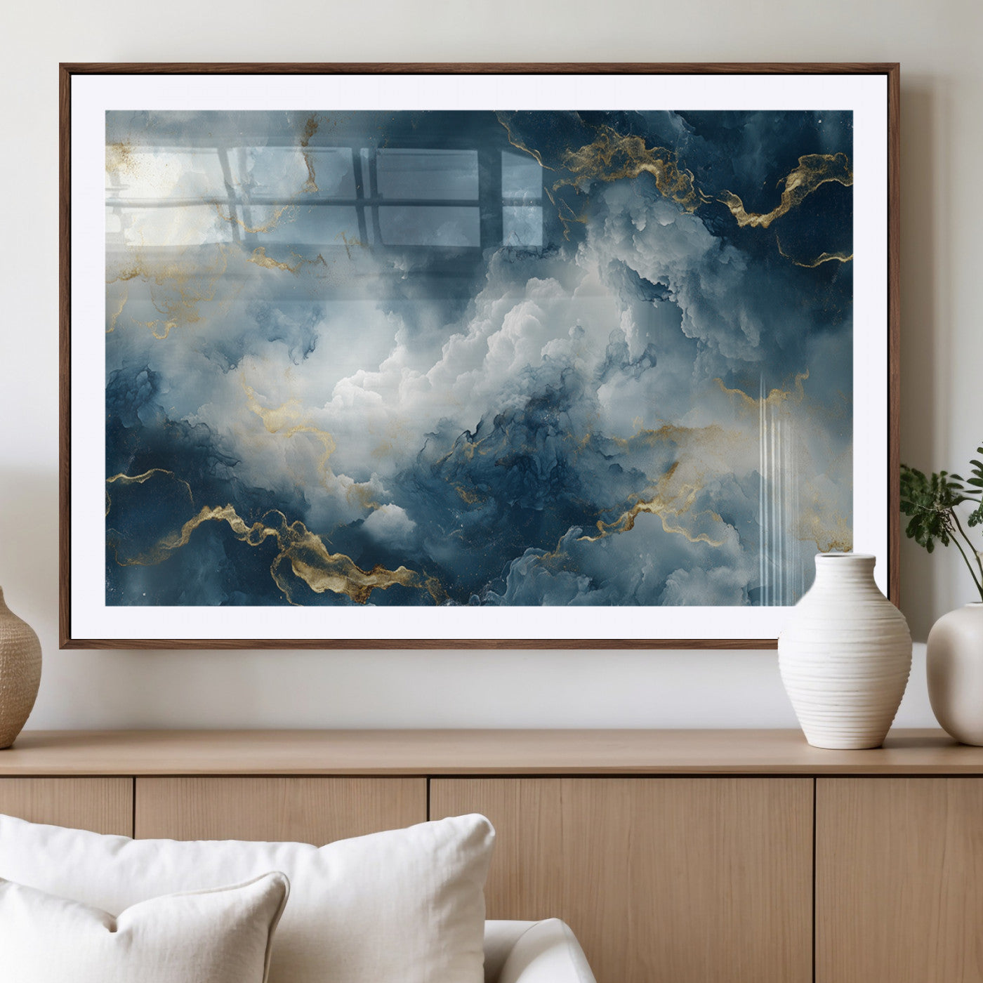 MGC-FP-36x24 - Large Abstract Print - Luxe Blue and Gold Abstract Canvas Wall Art - Bold Cloudscape Canvas for