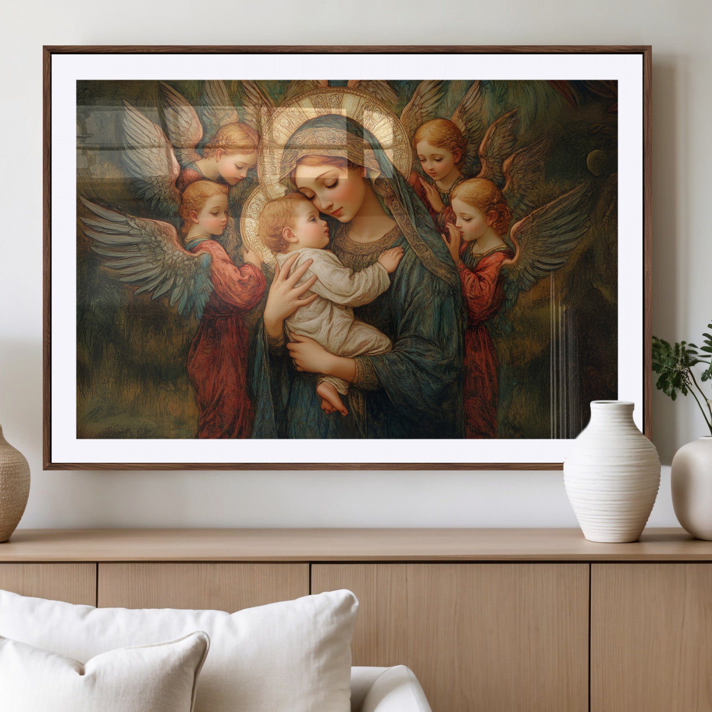 MGC-FP-36x24 - Mary Jesus Canvas Wall Art Print - Madonna and Child with Angels Art Print - Classic Christian