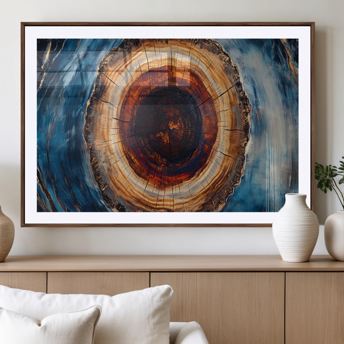 MGC-FP-36x24 - Framed Abstract Tree Ring Wall Art Print, Natural Rustic Wood Texture Canvas Print, Wood Tree Stump