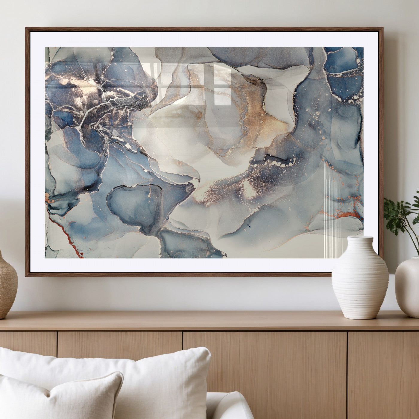 MGC-FP-36x24 - Abstract Blue and Gold Canvas Wall Art - Fluid Ink Artwork - Modern Luxury Wall Decor for Contemporary Interiors