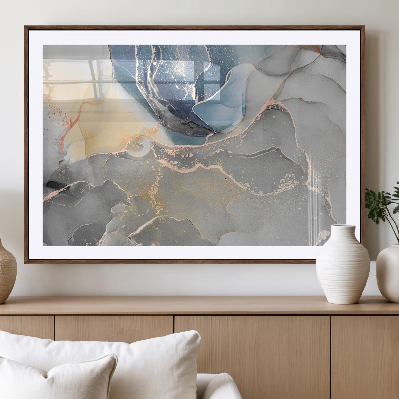 MGC-FP-36x24 - Large Abstract Blue and Gold Canvas Wall Art | Fluid Ink Artwork Print | Luxury Wall Decor for