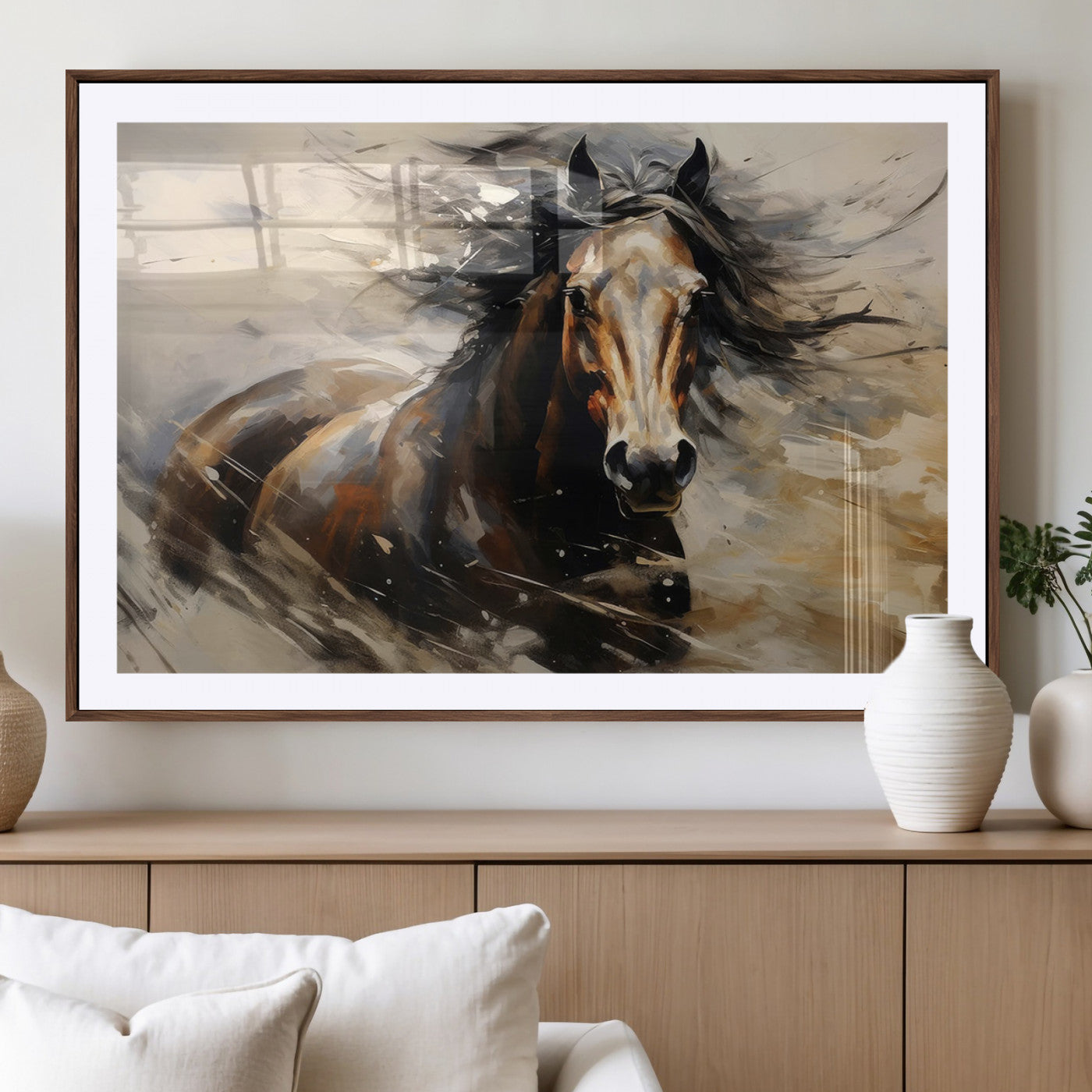 MGC-FP-36x24 - Abstract Wall Art Horse Print - Large Western Horse Canvas - Farmhouse Woodland Wall Art - Framed
