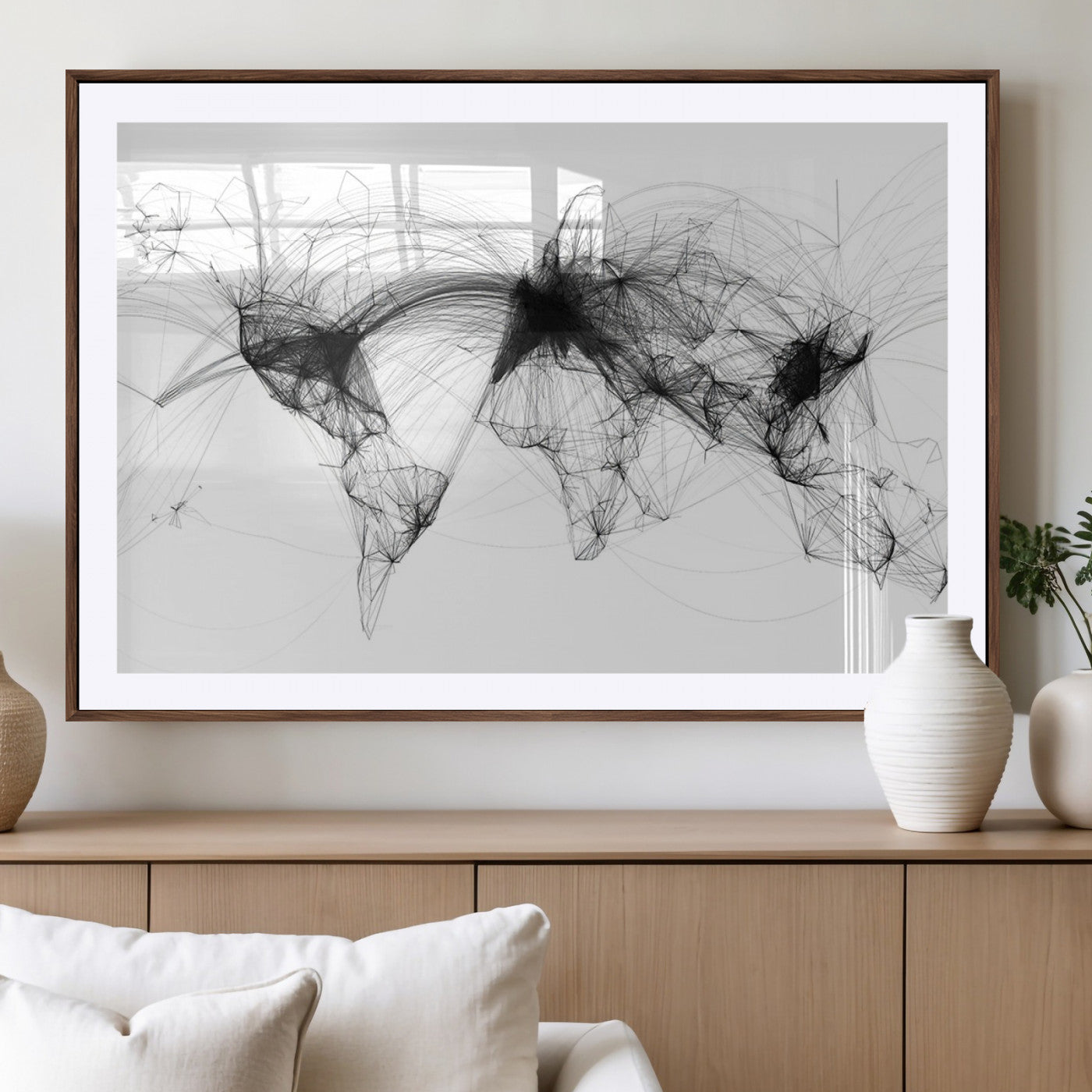 50136-MGV-CV-36X24-Abstract World Map Wall Art – Framed Geometric Line Canvas Artwork, Modern Global Design, Contemporary Decor for Home, Office