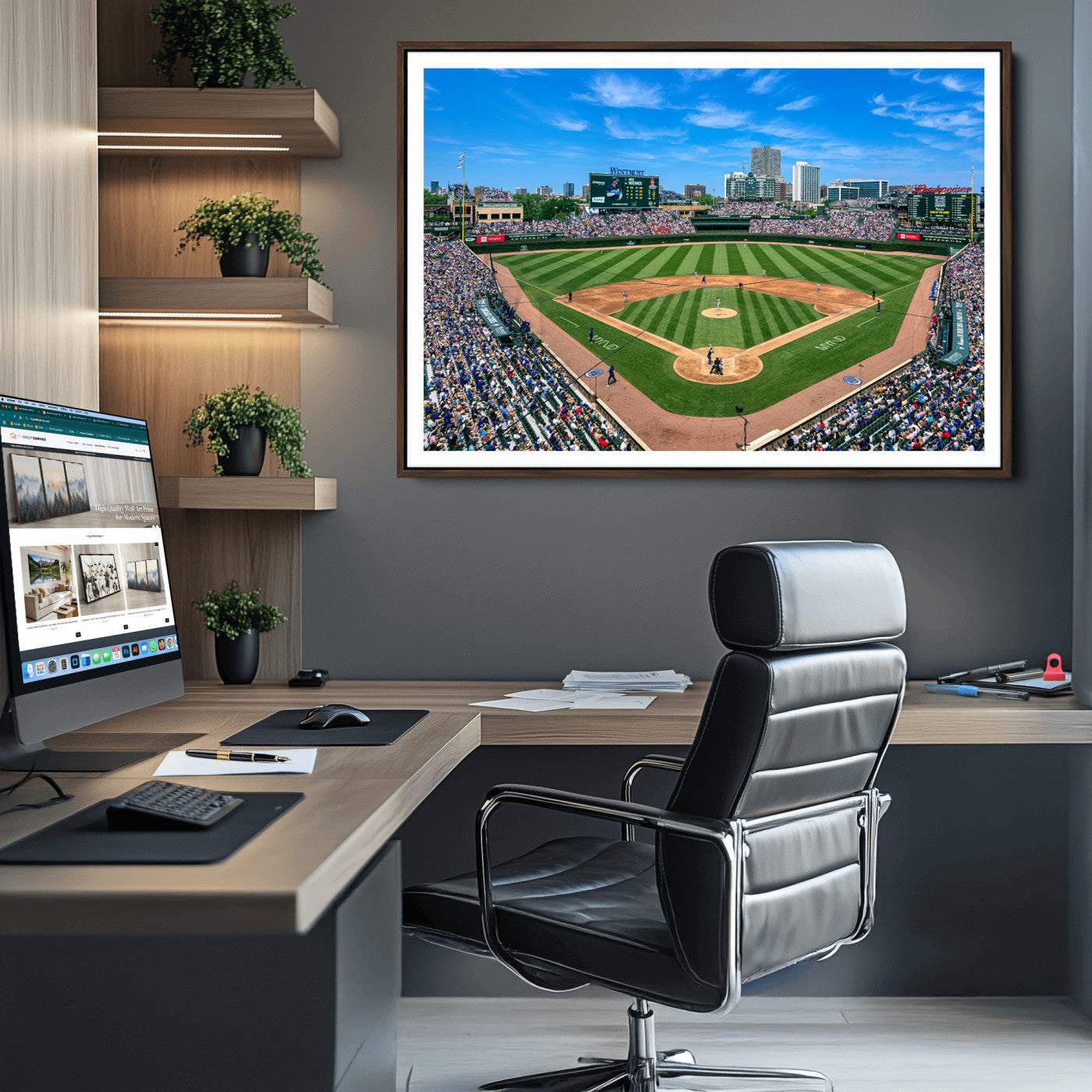 26064-MGV-CV-30X20-Framed Wrigley Field Chicago Cubs Print, Panoramic Multi Piece Canvas Wall Art - Iconic Baseball Stadium Print for Sports Lovers - Ready to