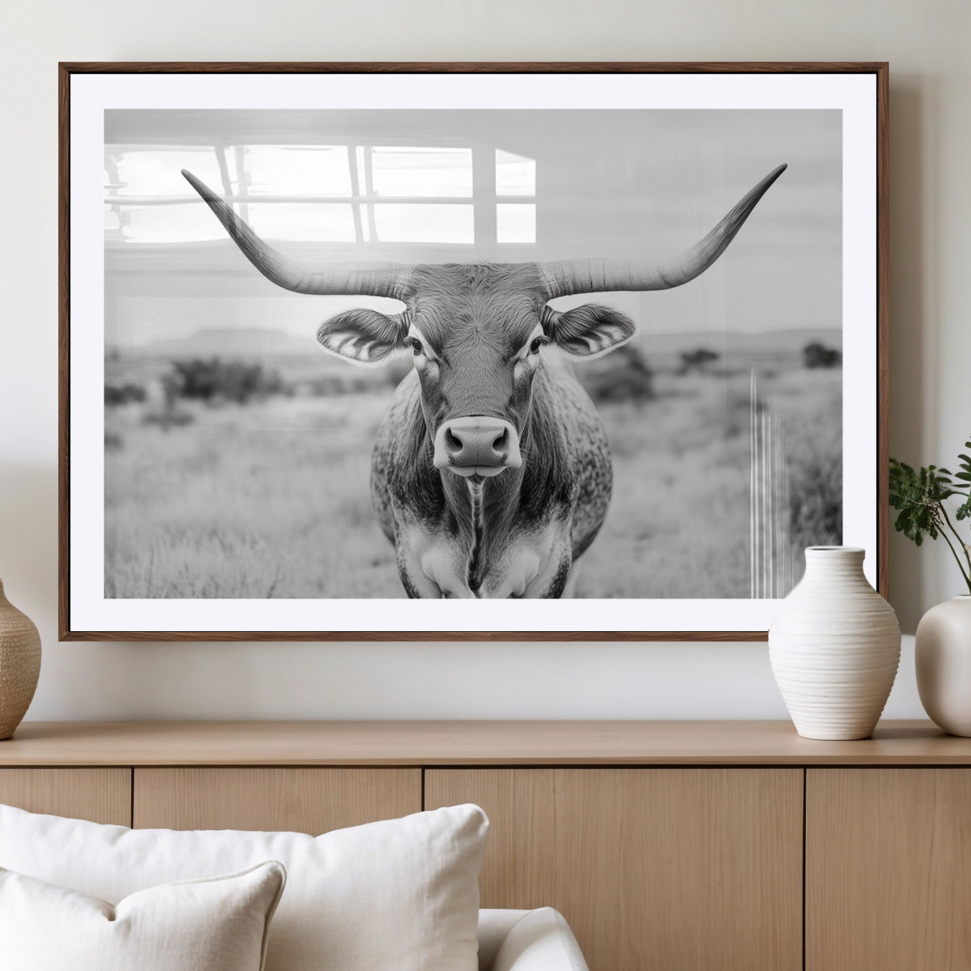 MGC-FP-36x24 - Highland Cow Wall Art Print - Black and White Texas Western Longhorn Canvas - Farmhouse Decor Print