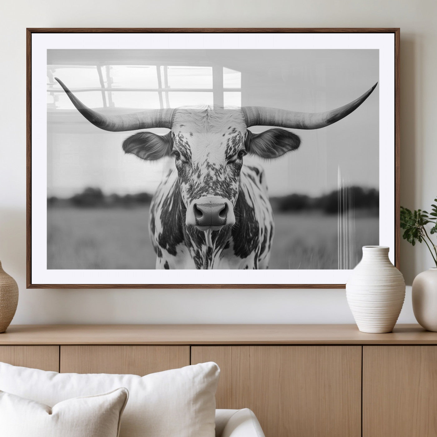 MGC-FP-36x24 - Highland Cow Wall Art - Black and White Western Longhorn Canvas Print - Farmhouse Living Room Decor