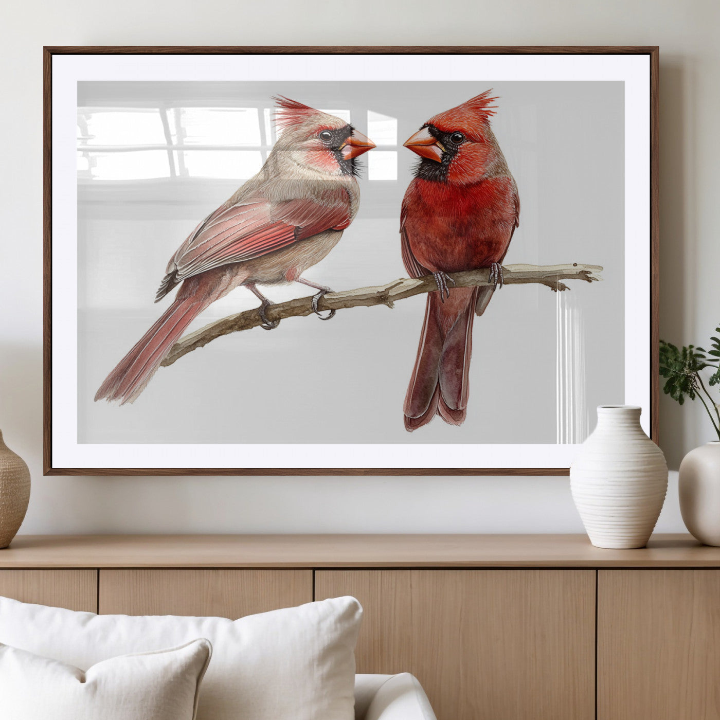 MGC-FP-36x24 - Cardinal Bird Canvas Wall Art - Male and Female Cardinal Print - Abstract Bird Wall Decor for Home -