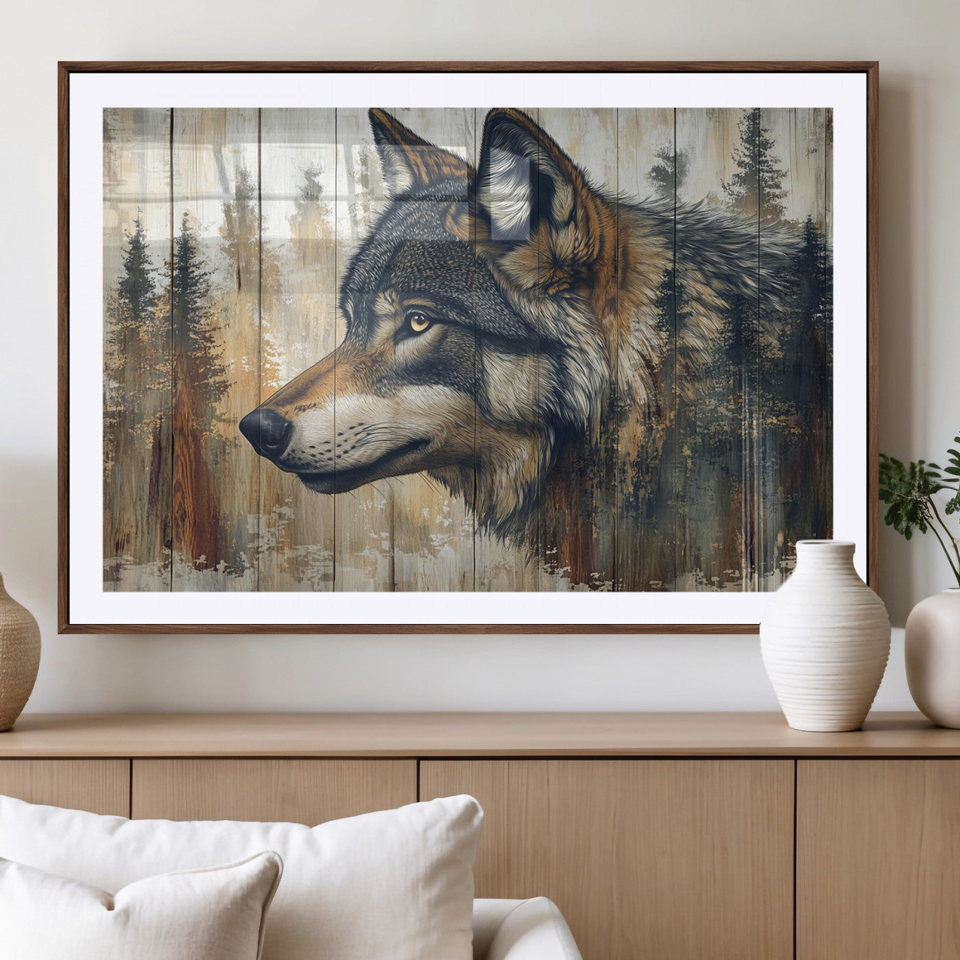 MGC-FP-36x24 - Rustic Wolf Wall Art Canvas Print, Vintage Woodland Wolf Wall Art
