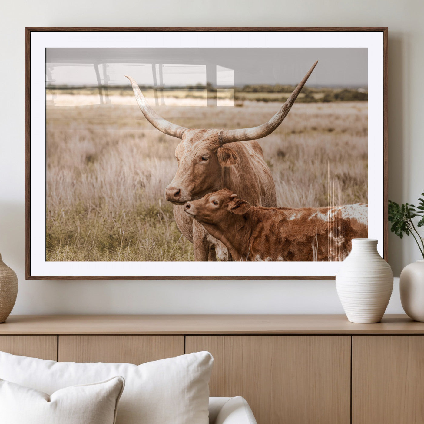 MGC-FP-36x24 - Texas Longhorn Cow Wall Art Canvas Print for Farmhouse Wall Art, Texas Decor, Western Wall Art Print