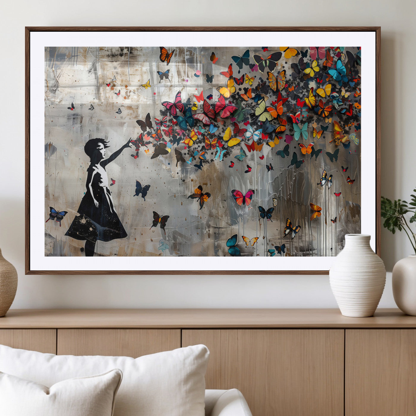 MGC-FP-36x24 - Banksy Butterfly Girl Wall Art | 3-Piece Butterfly Girl Canvas