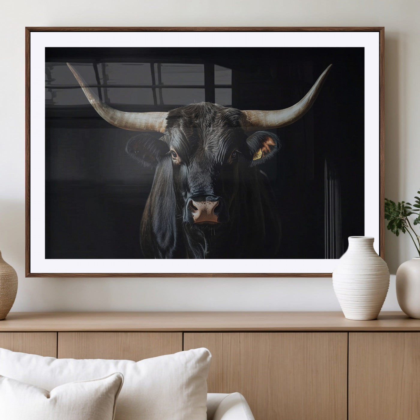 48065167-MGV-CV-36X24-Majestic Longhorn Bull Wall Art Canvas Print – Dark Background Western Ranch Portrait Artwork for Home, Office