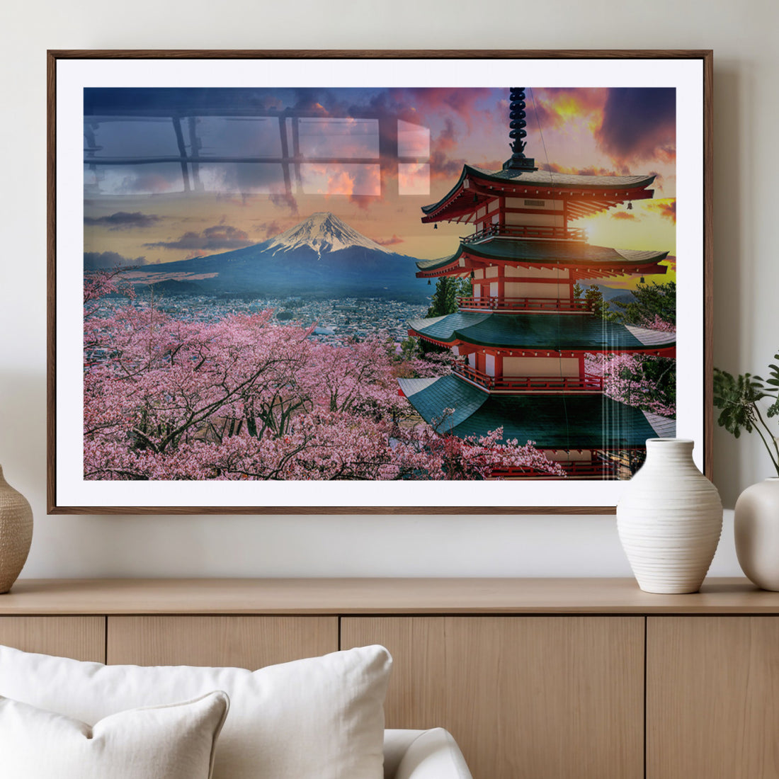 Mount Fuji Cherry Blossom Wall Art Canvas Print, Framed Japanese Landscape, Sakura Pagoda Sunset