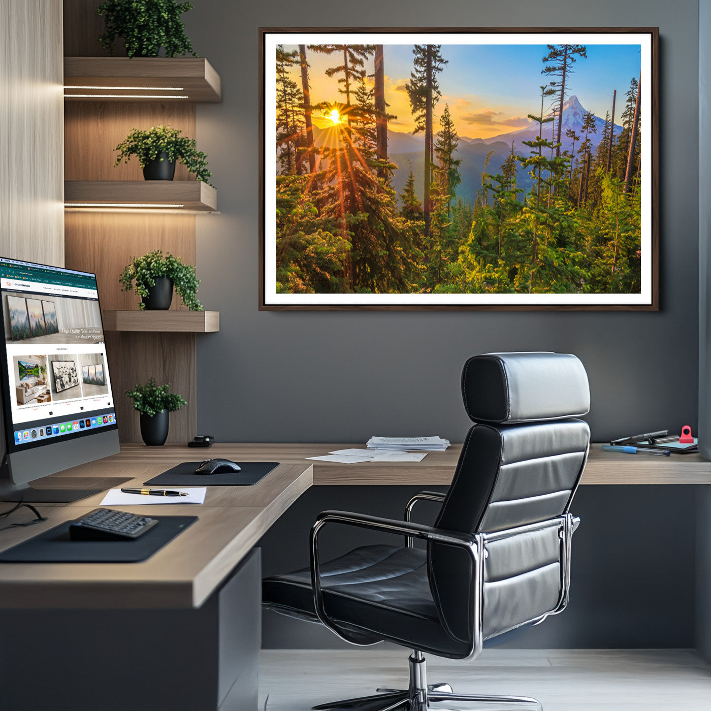 Forest Sunset Wall Art Canvas Print, Framed Sunset Trees Art Picture Print, Green Pines Perfect Rustic Nature Decor