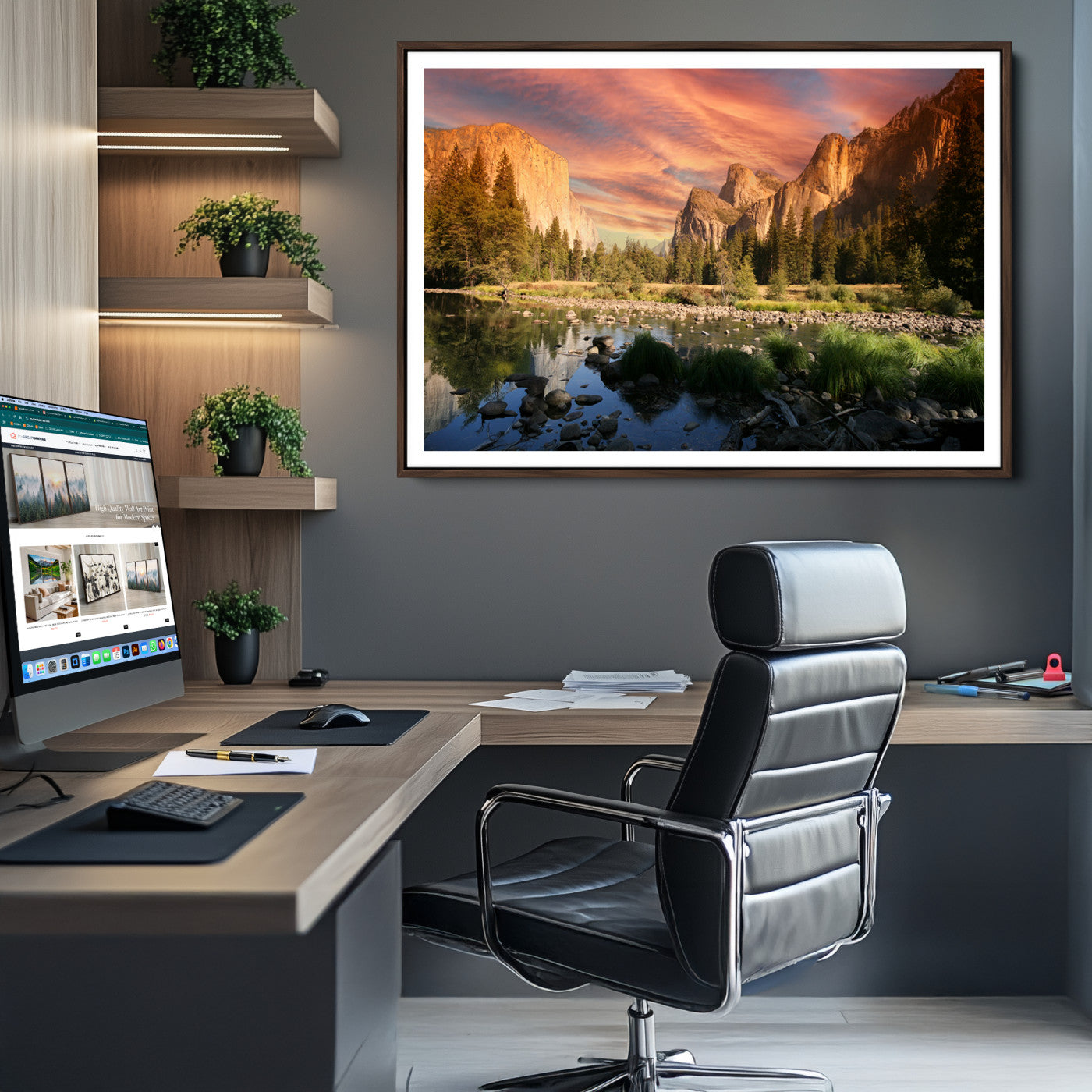 Yosemite Valley Canvas Wall Art, Framed El Capitan Art Picture Print, Sunset Sky Perfect Vibrant Western Decor