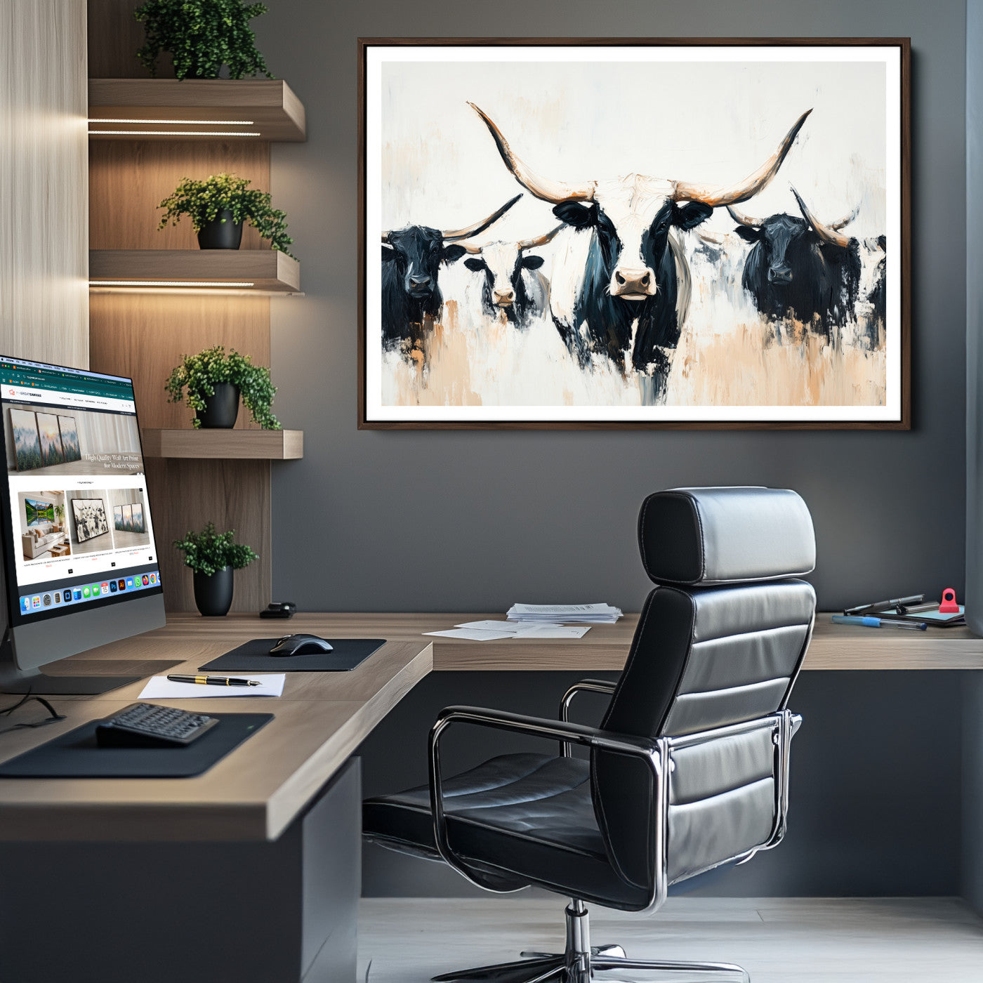 Texas Longhorn Wall Art Canvas Print, Framed Western Cattle Art Picture Print, Horned Bull Perfect Rustic Western Decor, Western Cattle