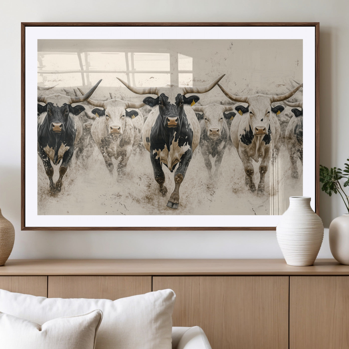 MGC-FP-36x24 - Cream Dust Longhorn Wall Art – Canvas Print of Western Herd Stampede, Dynamic Charge, Rustic Prairie Motion, Bold Nature Farm Decor